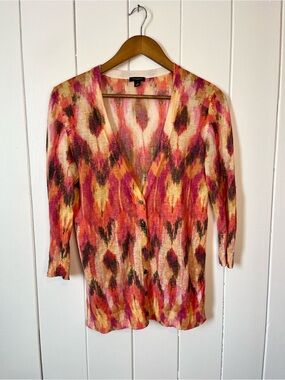 Ann Taylor Silk and Linen Orange Abstract Quarter Length Sheer Cardigan.